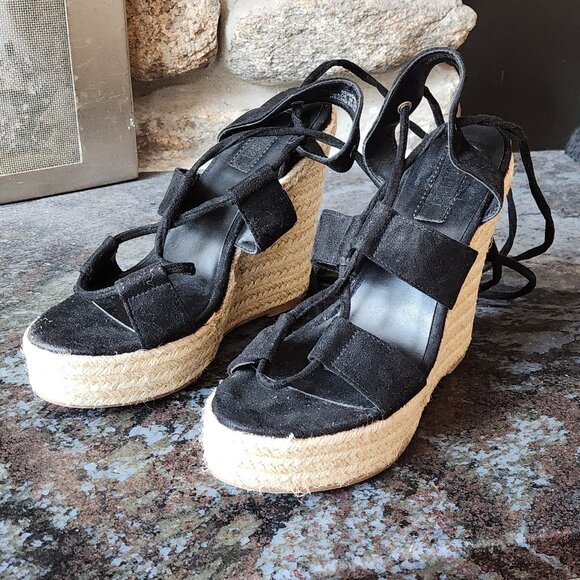 Forever 21 Black Suede Wedge Espadrille Sandals Size 7 - Picture 6 of 16